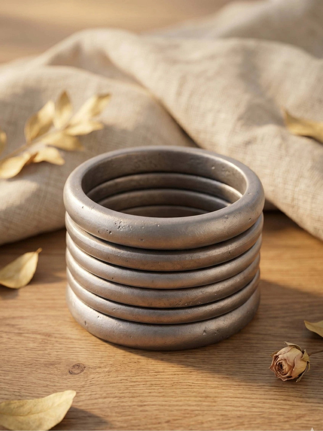 Oxidised Silver Chunky Wooden Bangles Set of 6