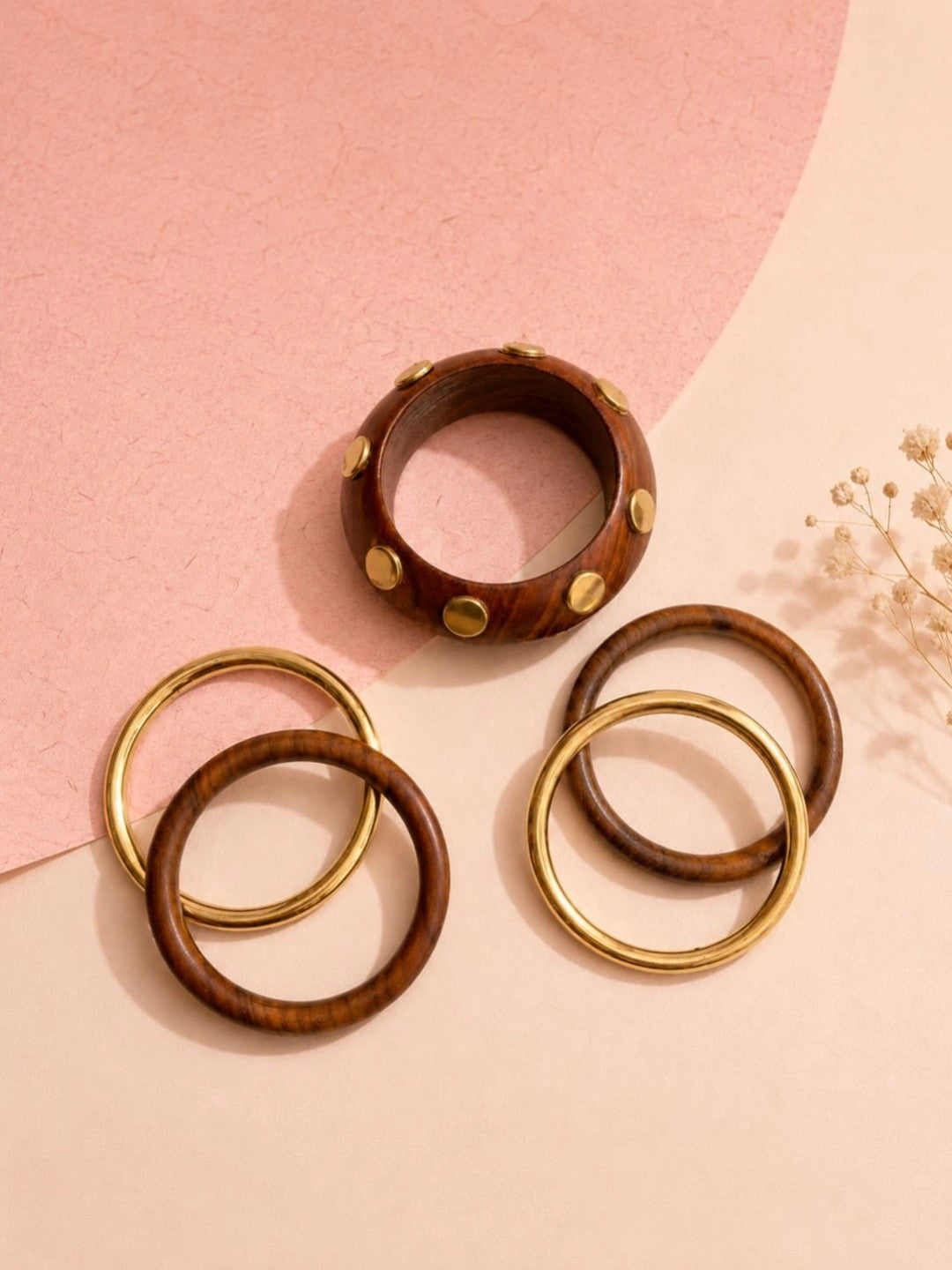 Gold-Toned Wooden Bangles with Brass Studs Set of 5