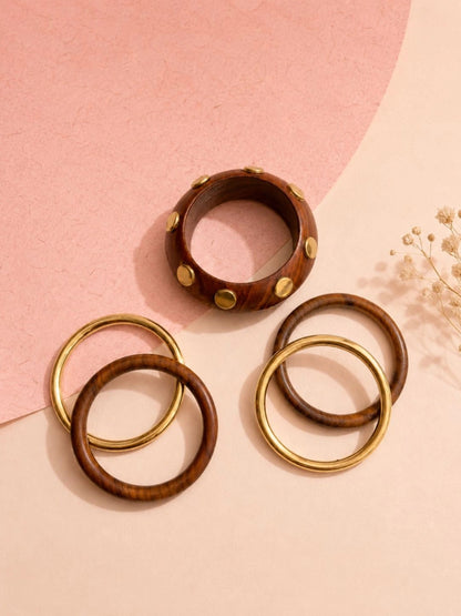 Gold-Toned Wooden Bangles with Brass Studs Set of 5