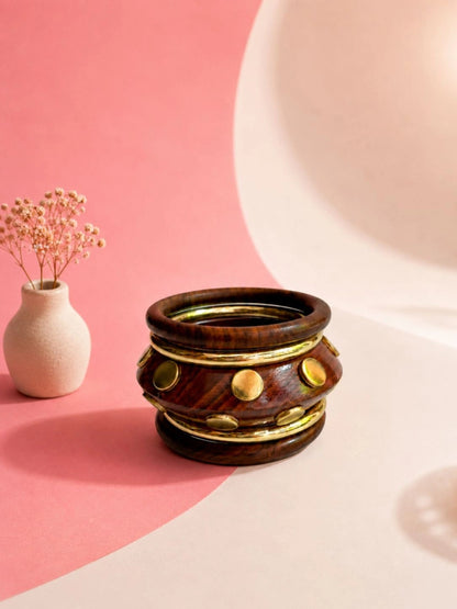 Gold-Toned Wooden Bangles with Brass Studs Set of 5