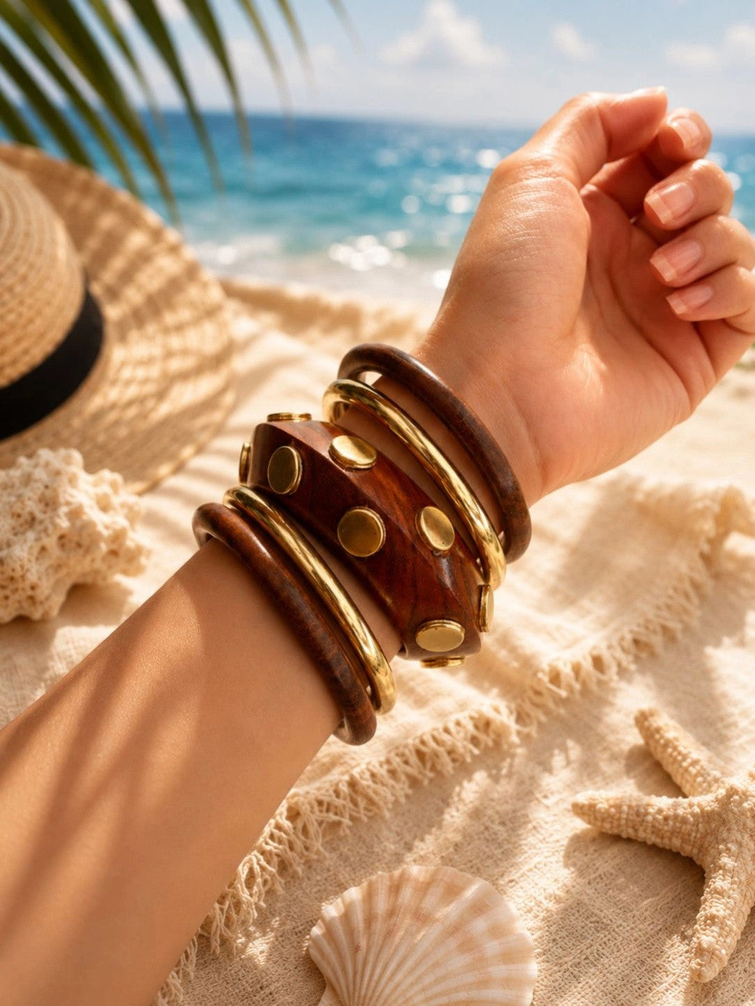 Gold-Toned Wooden Bangles with Brass Studs Set of 5