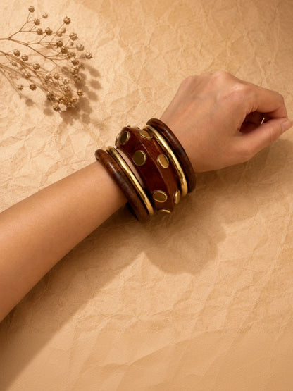 Gold-Toned Wooden Bangles with Brass Studs Set of 5