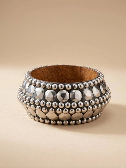 Oxidised Silver Studded Wooden Bangle for Women