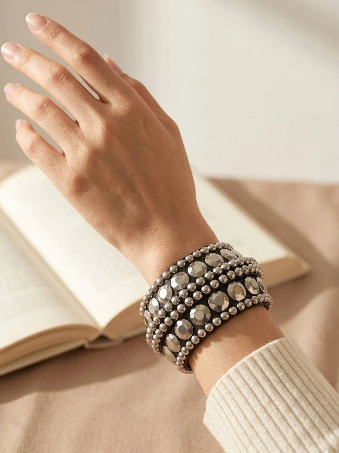 Oxidised Silver Studded Wooden Bangle for Women