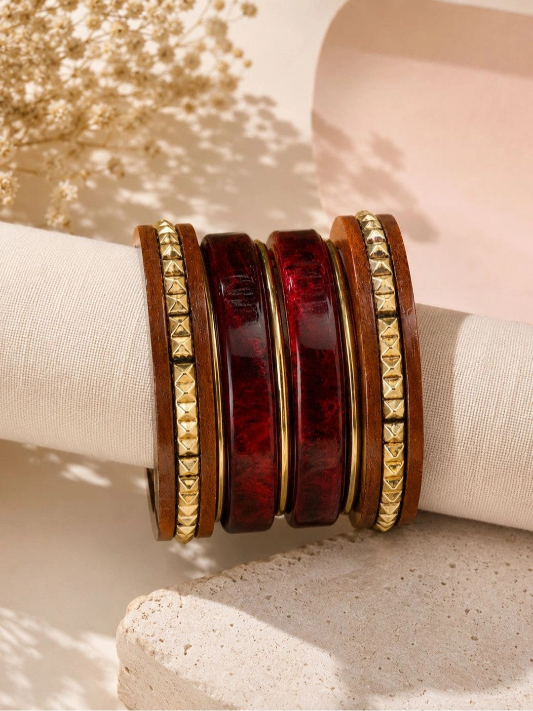 Wood & Resin Gold-Toned Studded Bangles Set of 6