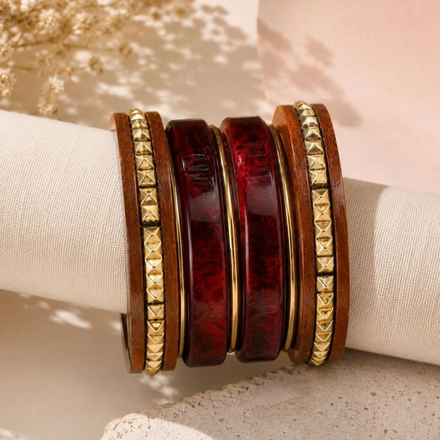 Wood & Resin Gold-Toned Studded Bangles Set of 6