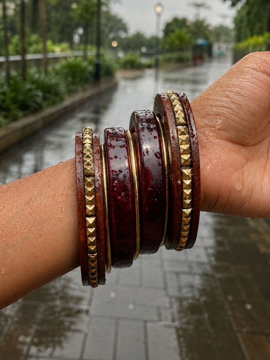 Wood & Resin Gold-Toned Studded Bangles Set of 6