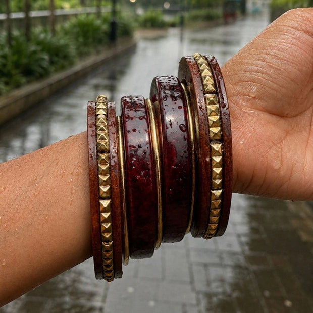 Wood & Resin Gold-Toned Studded Bangles Set of 6