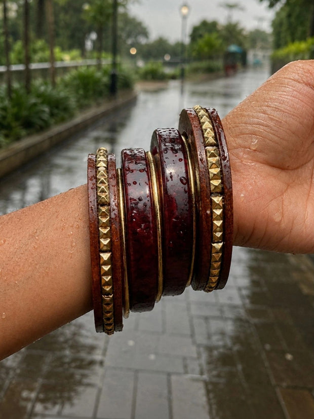 Wood & Resin Gold-Toned Studded Bangles Set of 6