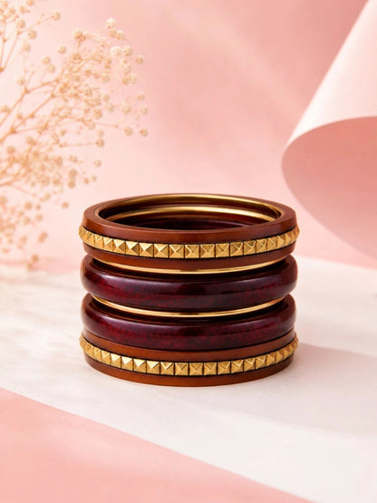Wood & Resin Gold-Toned Studded Bangles Set of 6