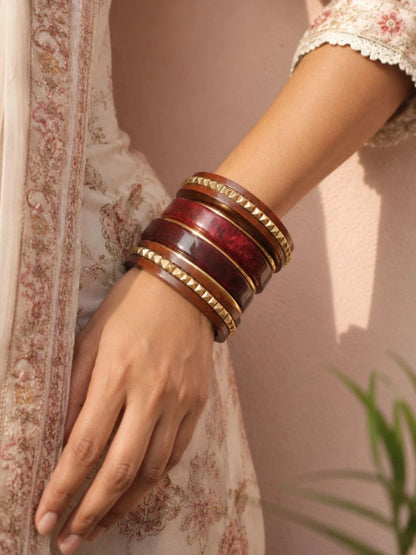 Wood & Resin Gold-Toned Studded Bangles Set of 6