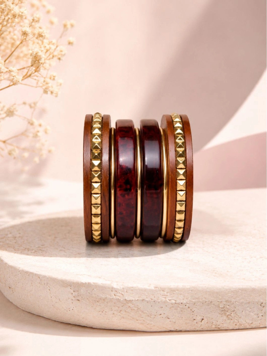 Wood & Resin Gold-Toned Studded Bangles Set of 6