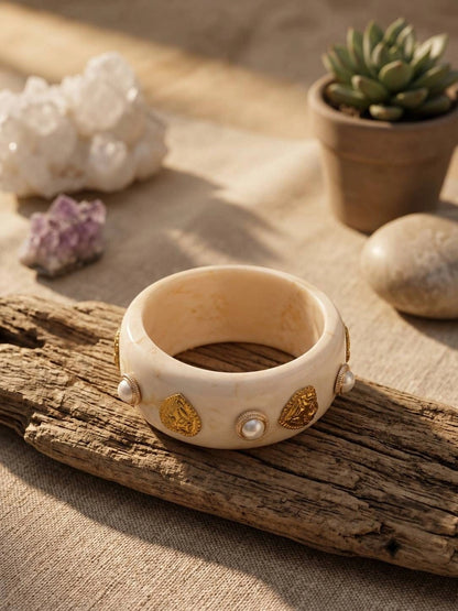 Ivory Resin Bangle with Gold-Tone Pearl Studs