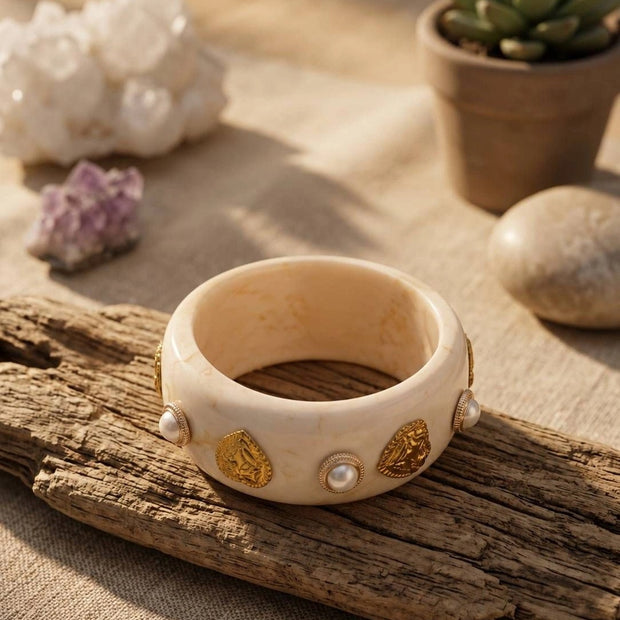 Ivory Resin Bangle with Gold-Tone Pearl Studs
