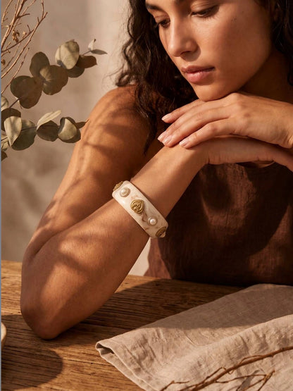Ivory Resin Bangle with Gold-Tone Pearl Studs