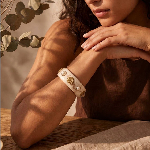 Ivory Resin Bangle with Gold-Tone Pearl Studs