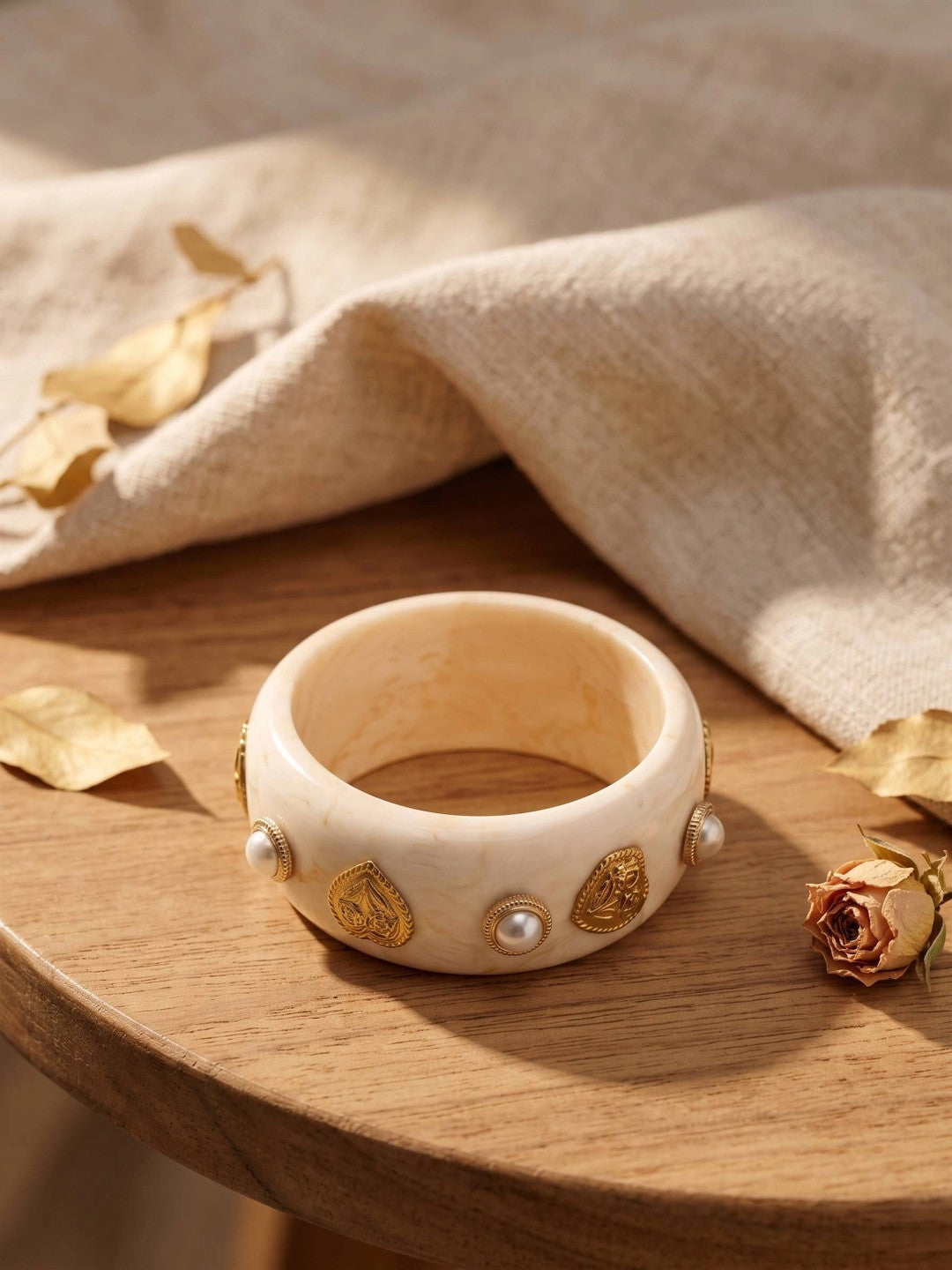 Ivory Resin Bangle with Gold-Tone Pearl Studs
