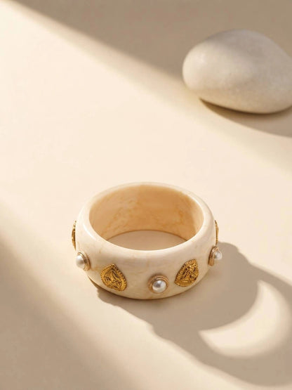 Ivory Resin Bangle with Gold-Tone Pearl Studs