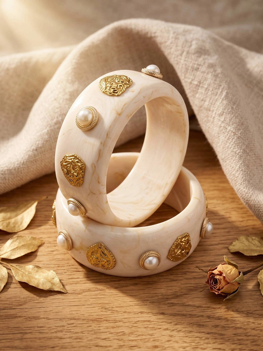 Ivory Resin Pearl & Gold-Plated Kada Bangles Set of 2
