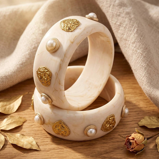 Ivory Resin Pearl & Gold-Plated Kada Bangles Set of 2