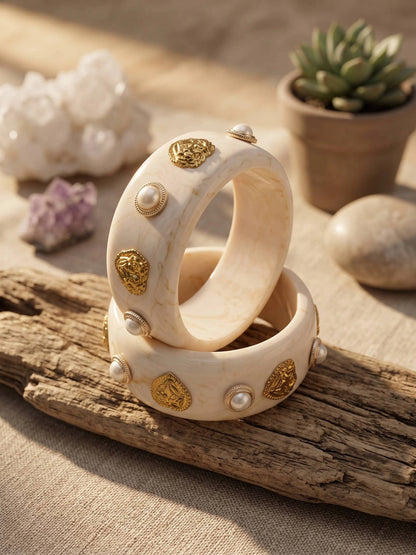 Ivory Resin Pearl & Gold-Plated Kada Bangles Set of 2