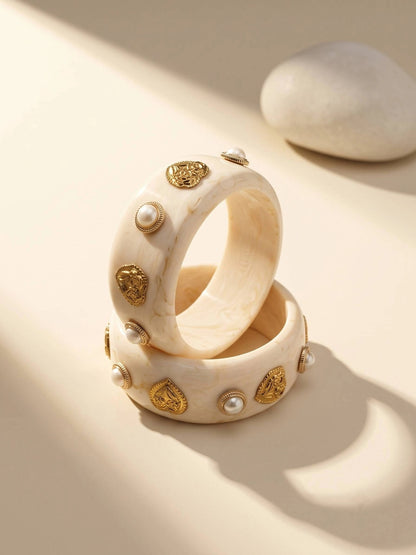 Ivory Resin Pearl & Gold-Plated Kada Bangles Set of 2