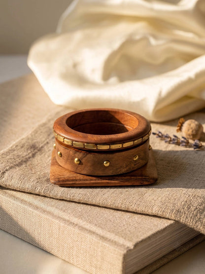 Wooden Brass-Studded Bangles for Women Set of 3