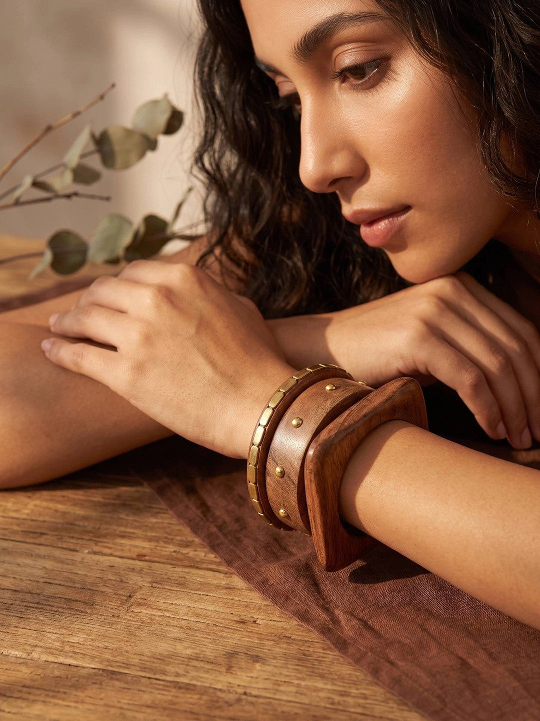 Wooden Brass-Studded Bangles for Women Set of 3