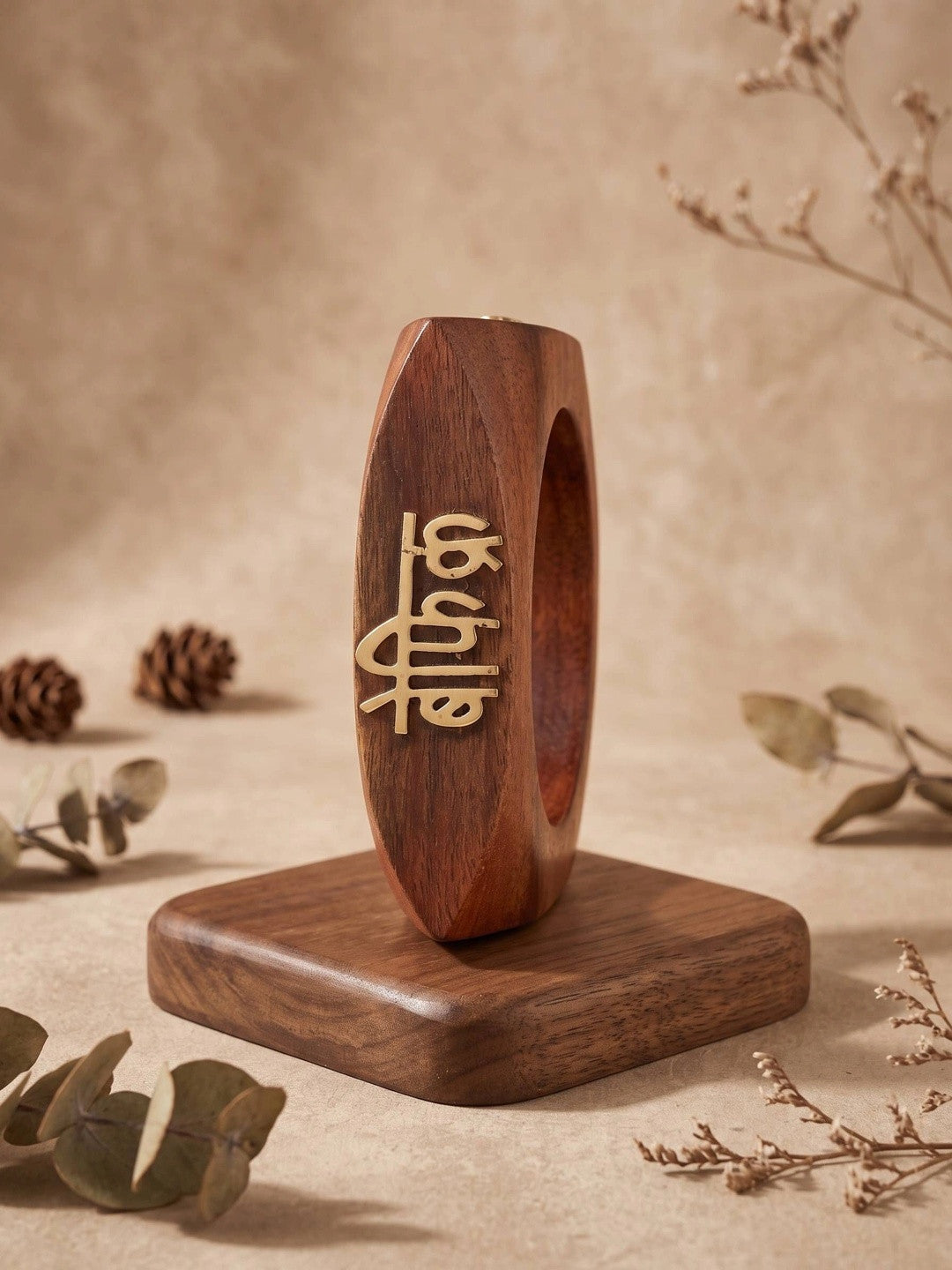 Befikr Brass Inlay Wooden Cuff Bangle for Women