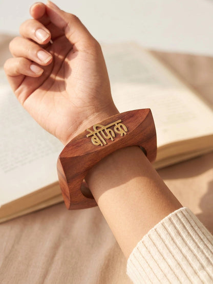 Befikr Brass Inlay Wooden Cuff Bangle for Women