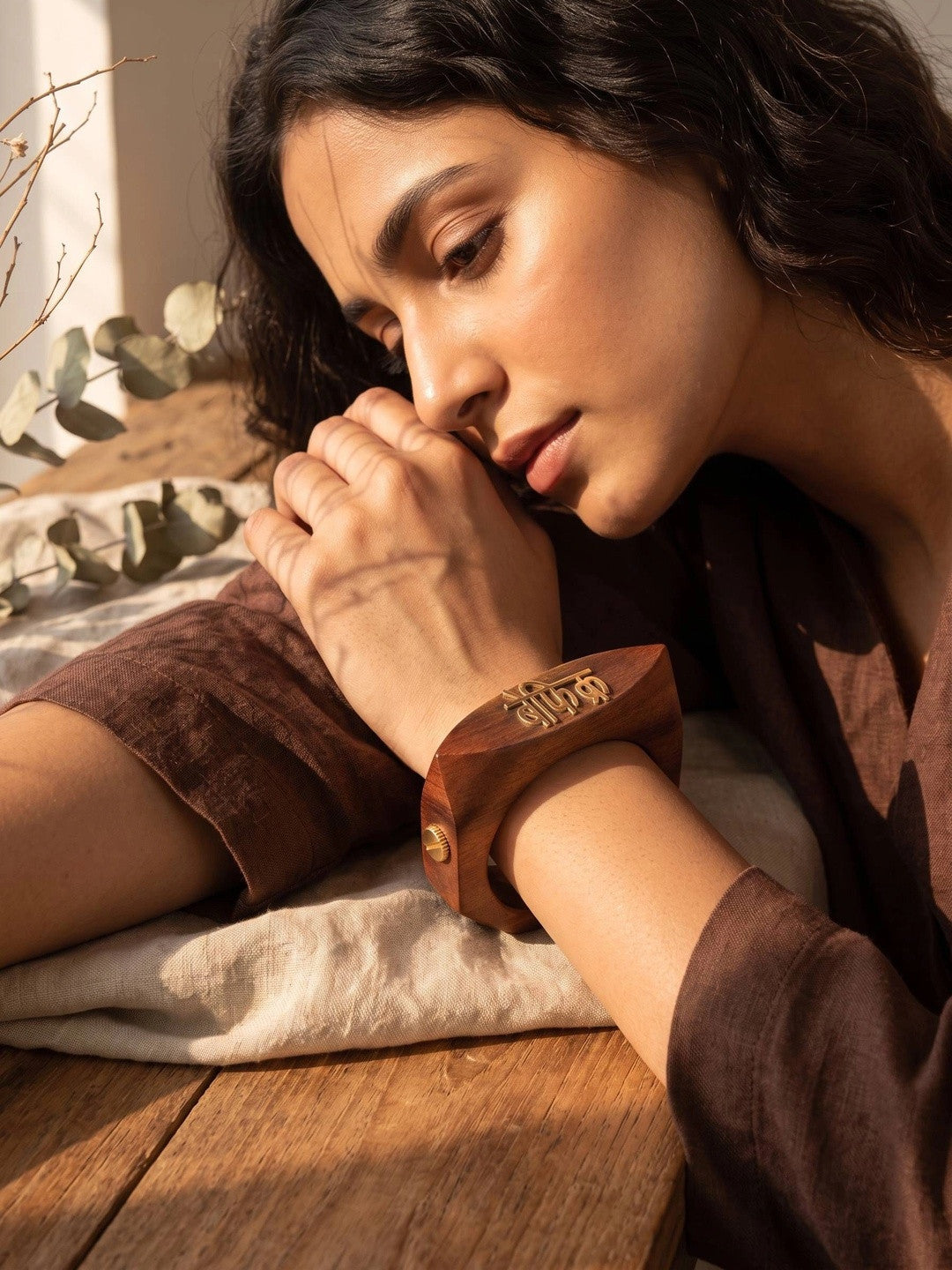Befikr Brass Inlay Wooden Cuff Bangle for Women