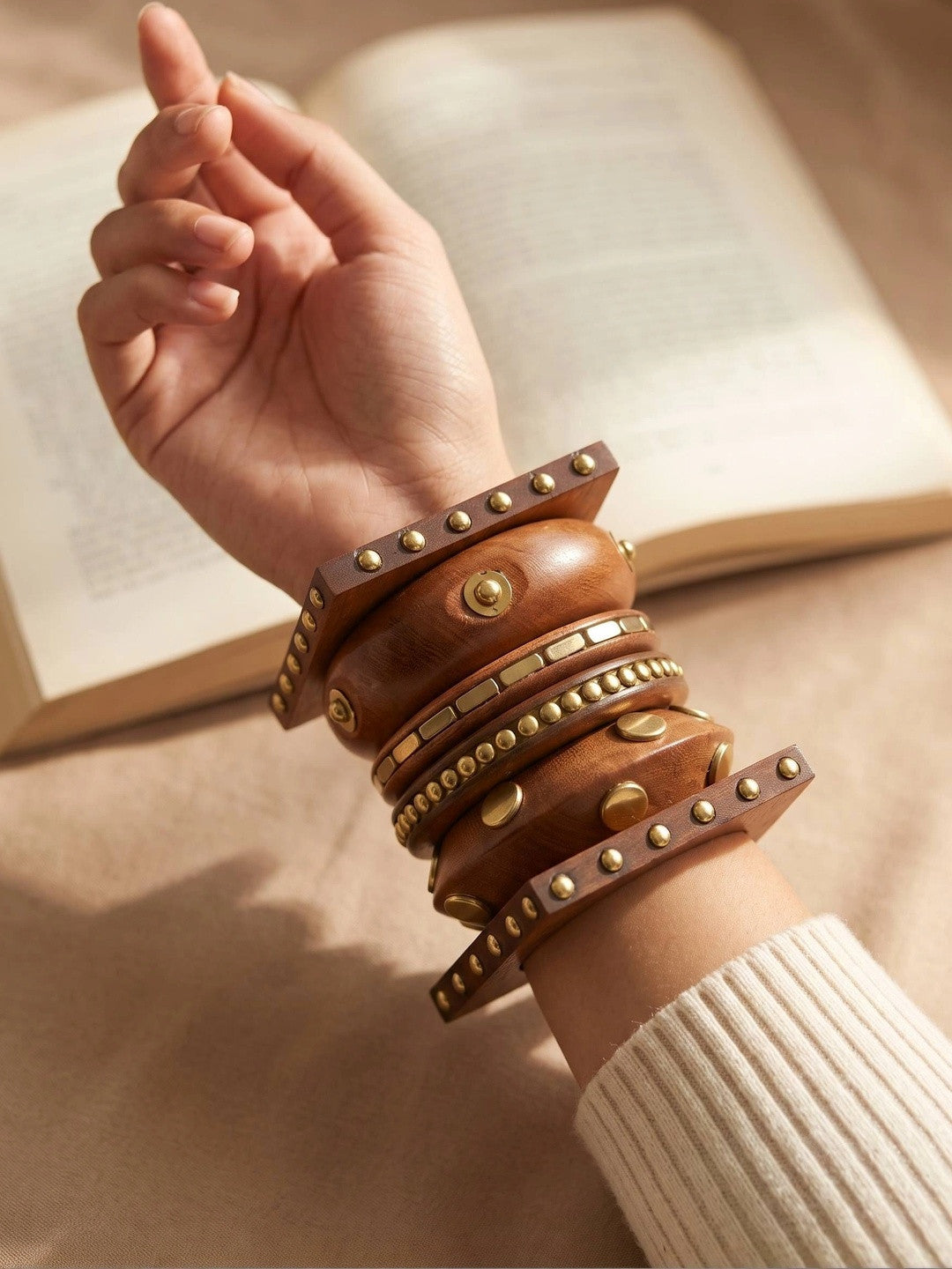 Brass-Studded Wooden Bangles for Women Set of 6