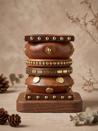 Brass-Studded Wooden Bangles for Women Set of 6