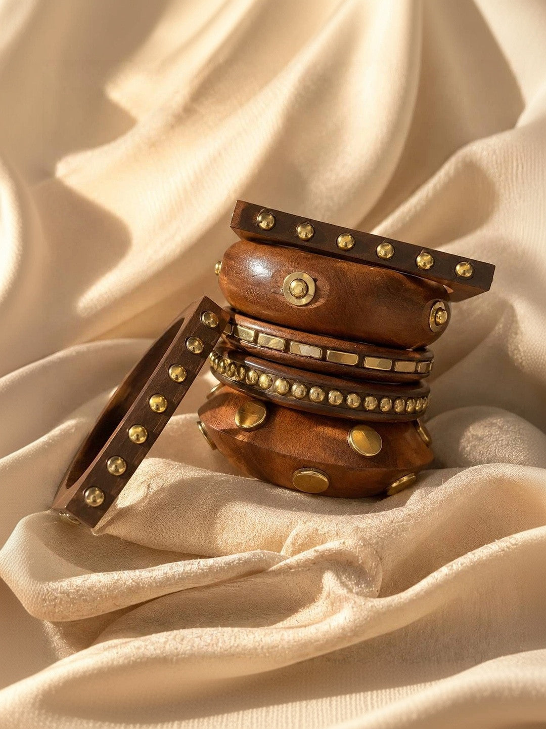 Brass-Studded Wooden Bangles for Women Set of 6