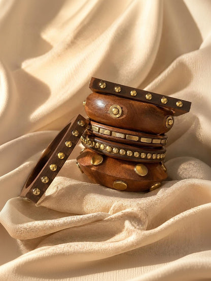 Brass-Studded Wooden Bangles for Women Set of 6