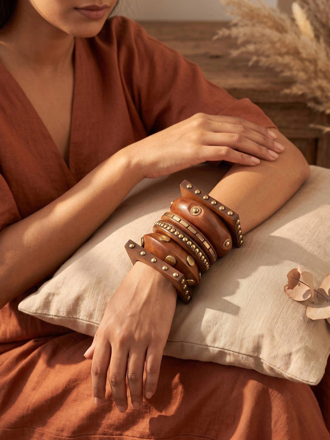 Brass-Studded Wooden Bangles for Women Set of 6