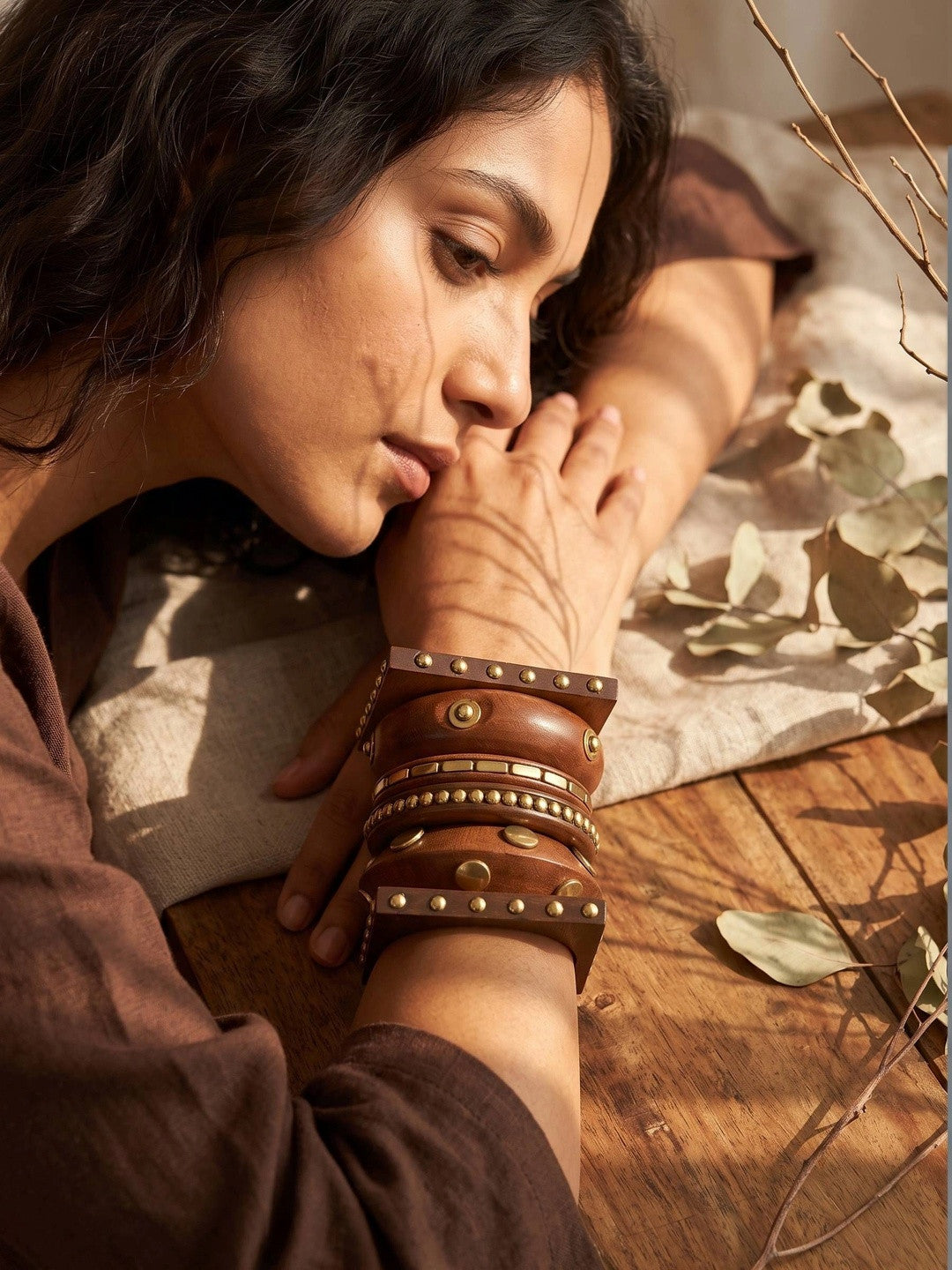 Brass-Studded Wooden Bangles for Women Set of 6