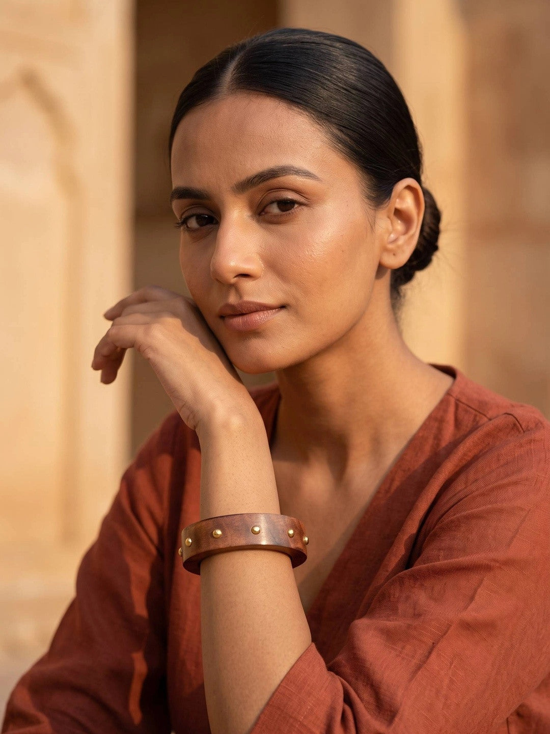Brass-Studded Wooden Bangle for Women