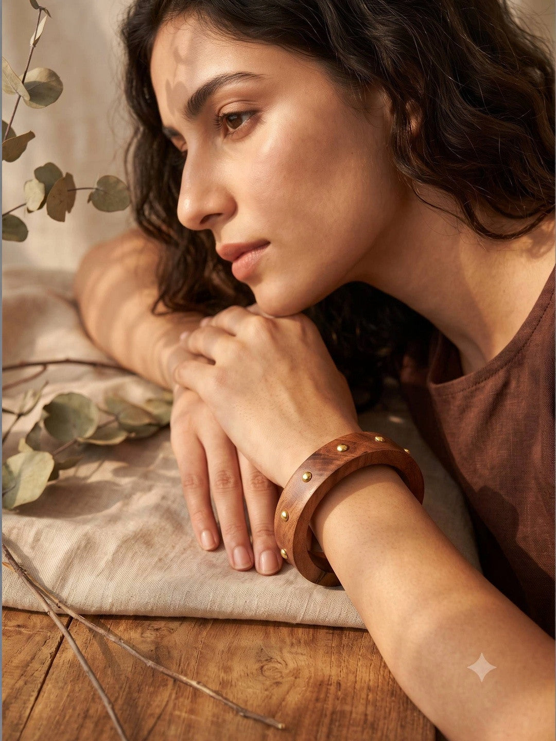 Brass-Studded Wooden Bangle for Women