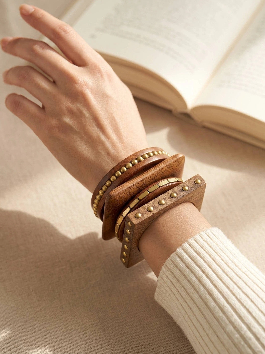 Brass-Studded Wood Bangles Set of 4