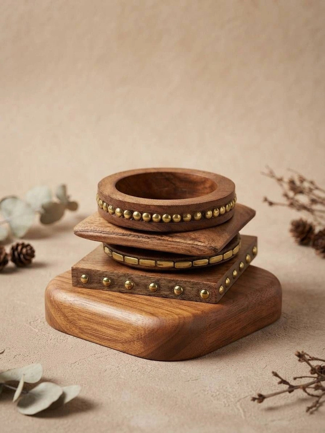Brass-Studded Wood Bangles Set of 4