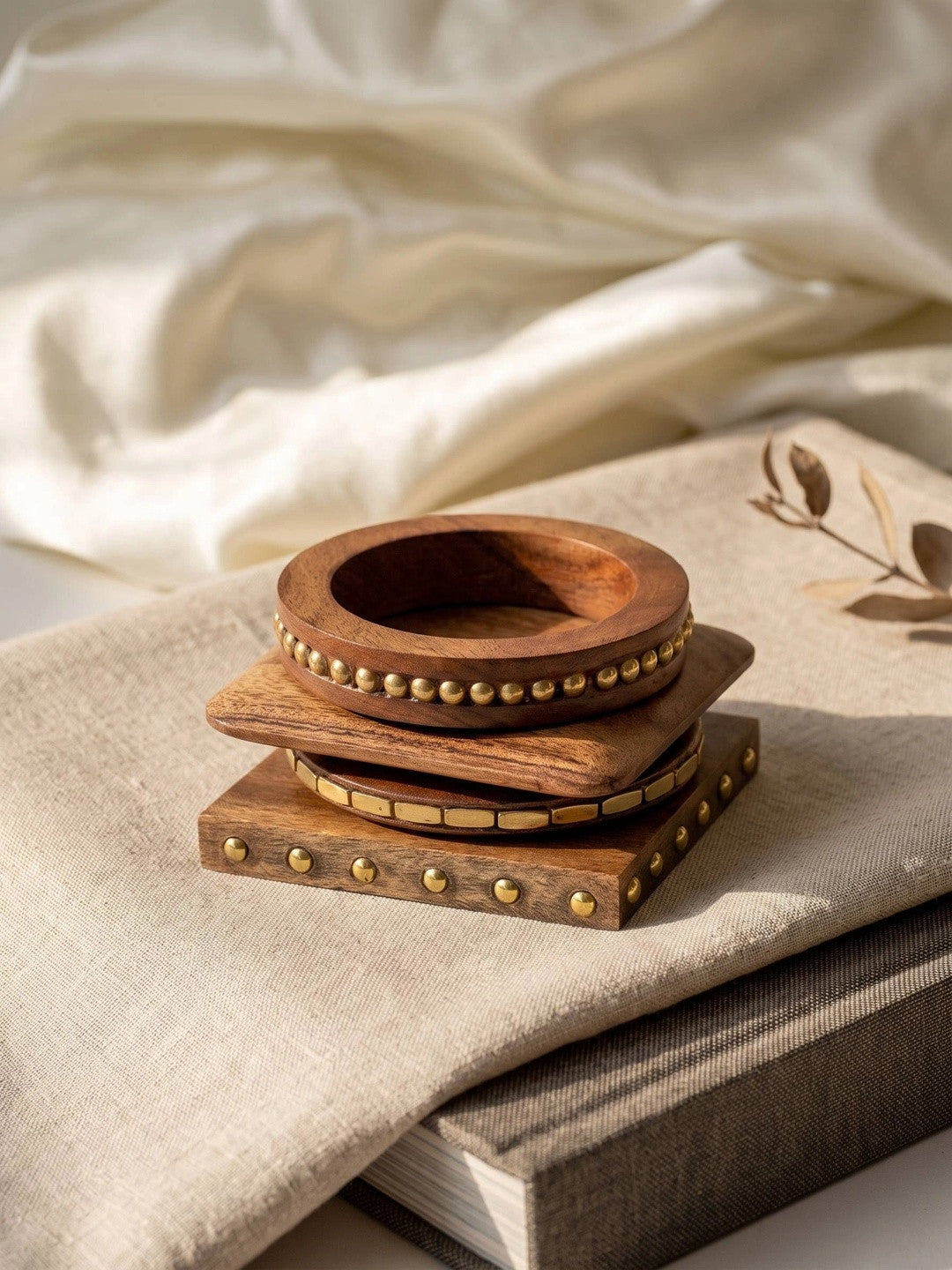 Brass-Studded Wood Bangles Set of 4