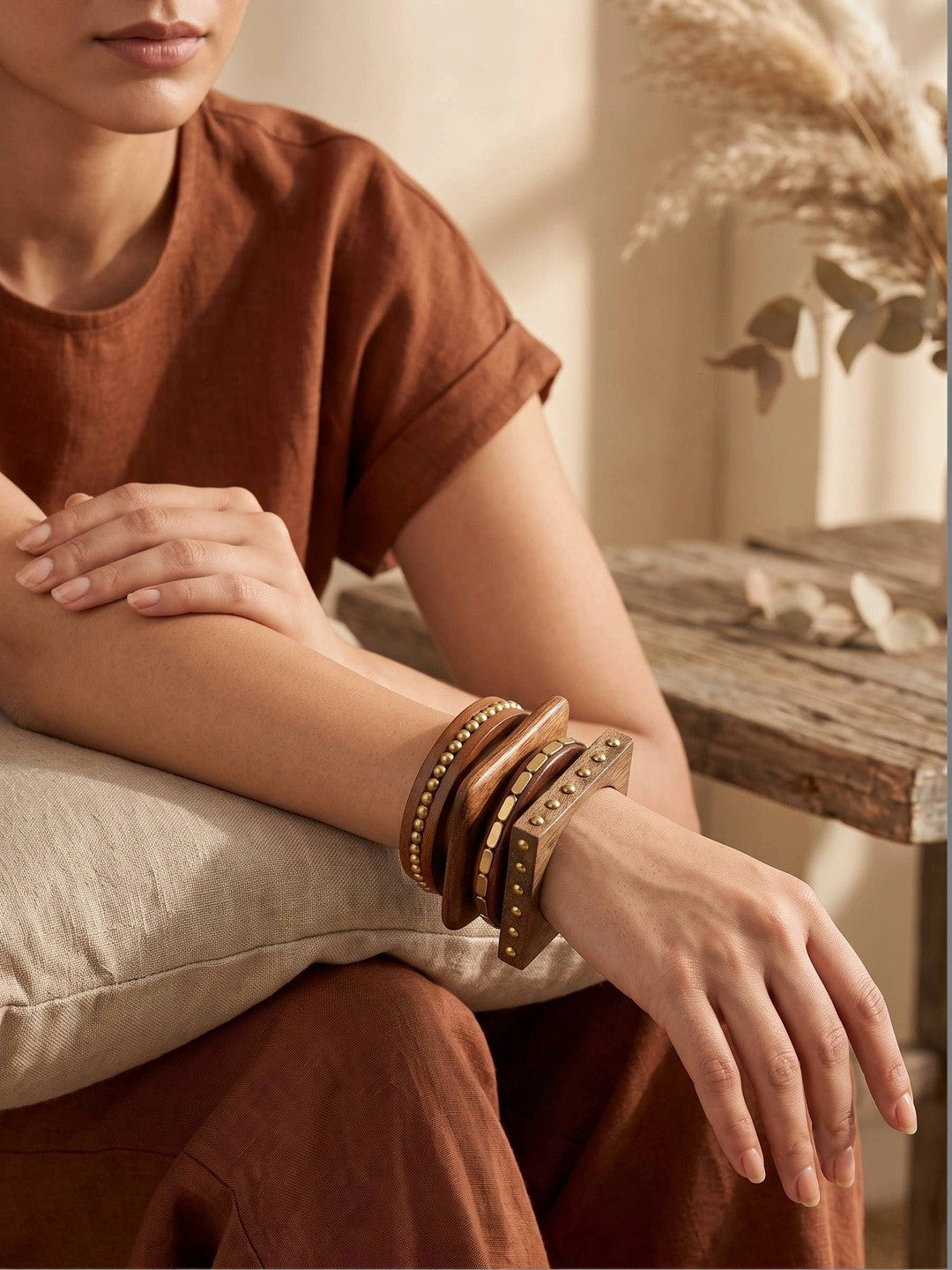 Brass-Studded Wood Bangles Set of 4