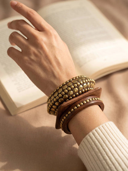 Brass-Studded Wooden Bangles for Women Set of 3