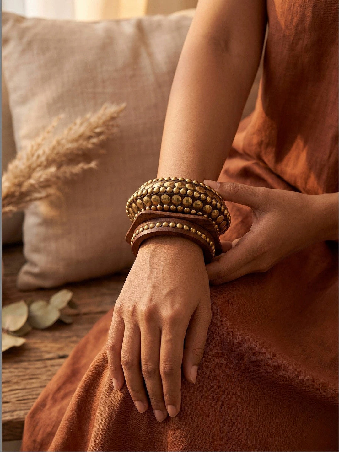 Brass-Studded Wooden Bangles for Women Set of 3