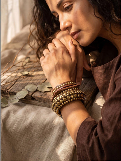 Brass-Studded Wooden Bangles for Women Set of 3