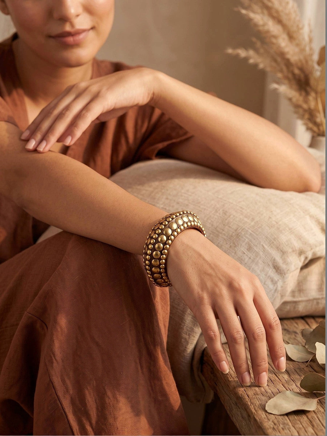 Antique Gold Brass Studded Kada Bangle for Women