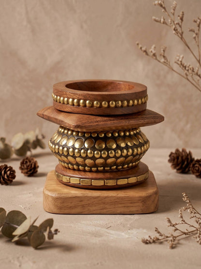 Brass-Studded Wood & Metal Bangle Set of 4