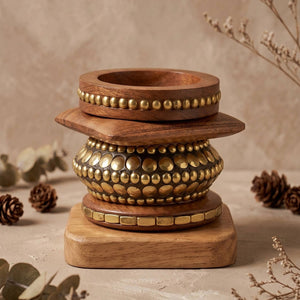 Brass-Studded Wood & Metal Bangle Set of 4