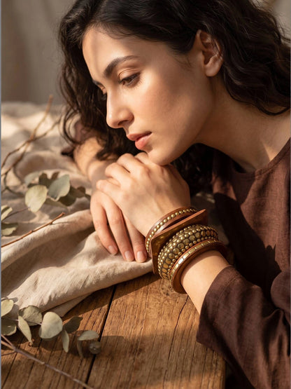Brass-Studded Wood & Metal Bangle Set of 4